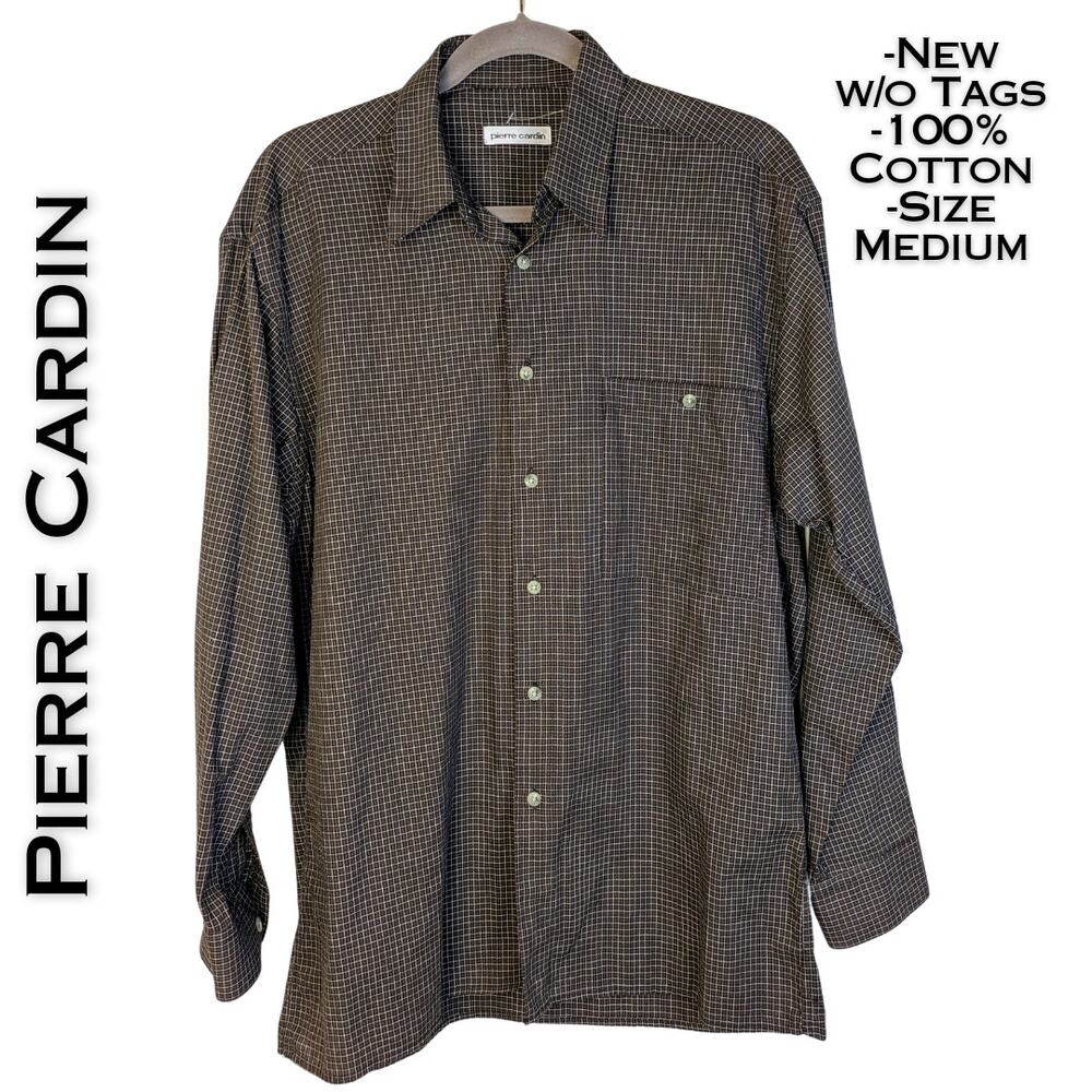 Pierre Cardin Mens Dress Shirt Medium Brown Cream Check 100% Cotton Tailored NEW